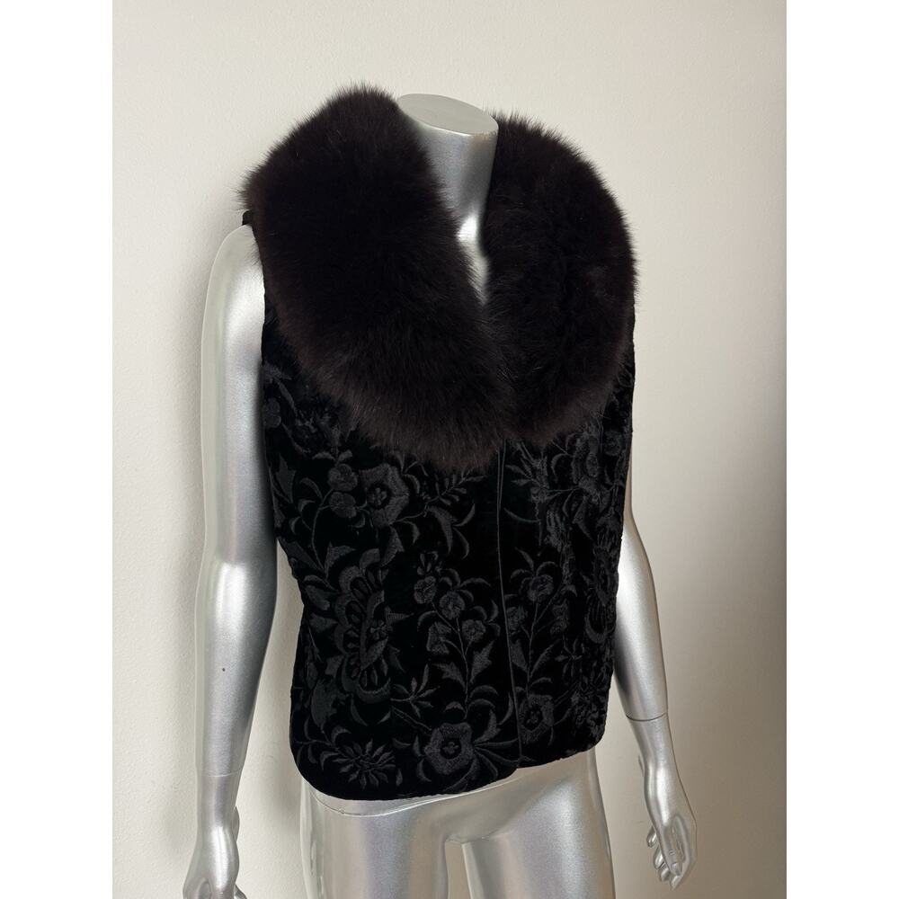 Vintage Adrienne Landau Silk Velvet Vest Fox Fur Collar Embroidered Black USA S - Picture 9 of 11